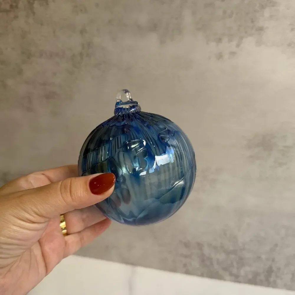 Blue & White Slag Studio Art Glass Ornament | Hand Blown Glass Orb | Swirled